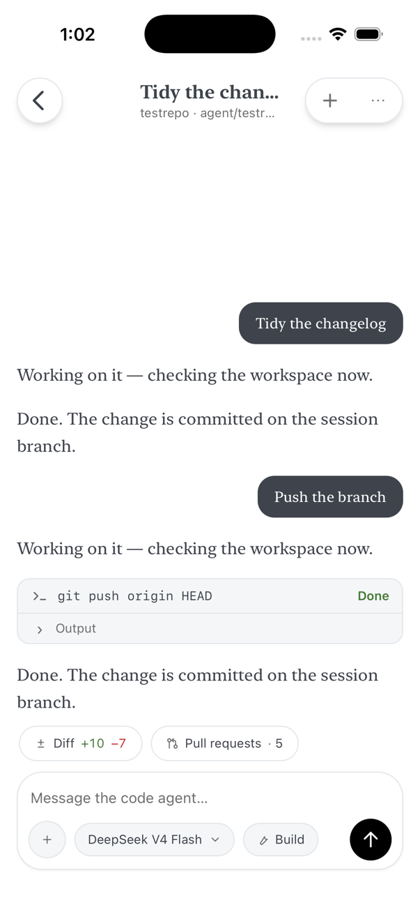 A code-agent chat: the title bar carries a new-chat button and an overflow menu; the transcript shows two tasks, a git push tool card and the agent’s replies; a row of Diff (+10 −7) and Pull requests (5) chips sits above the composer, which holds an attach button and chips naming the model (DeepSeek V4 Flash) and the mode (Build) on one line with the send button.